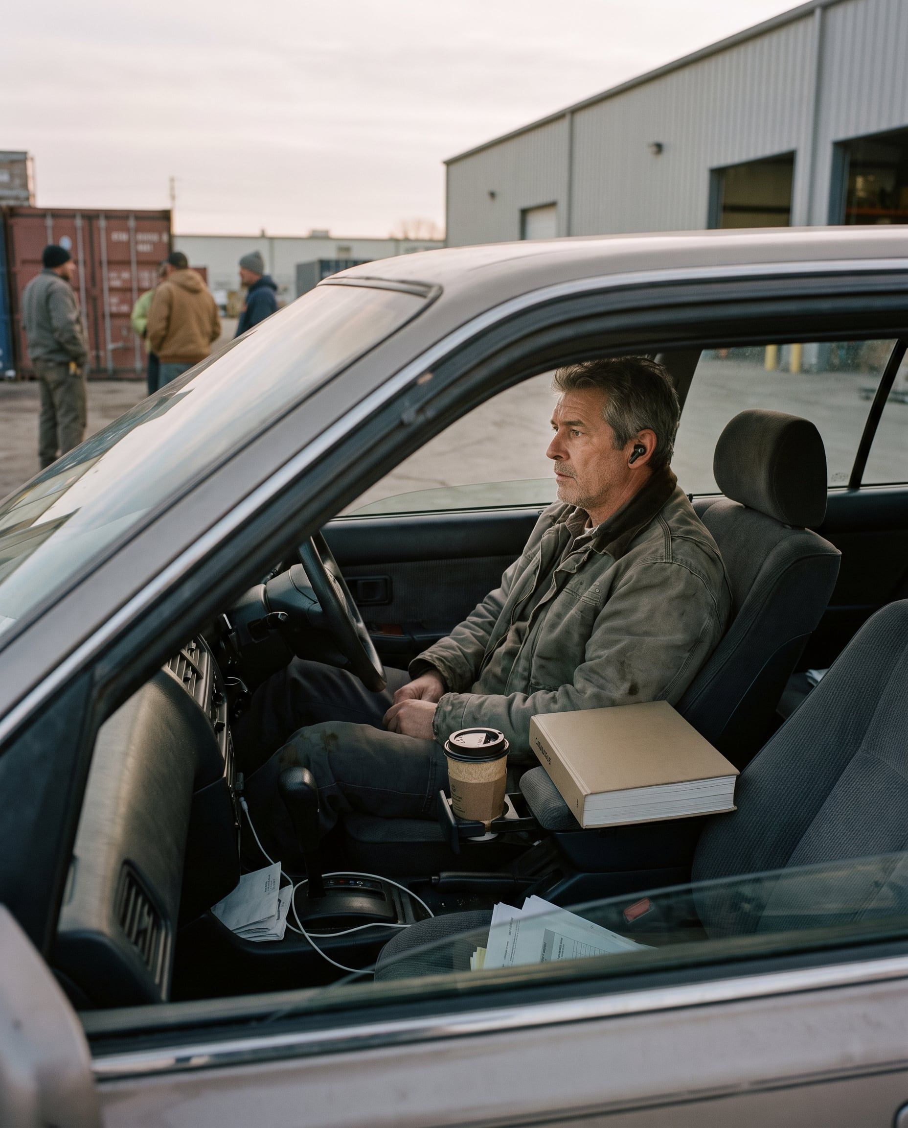 A sales rep listens with earbuds in his car before a meeting.