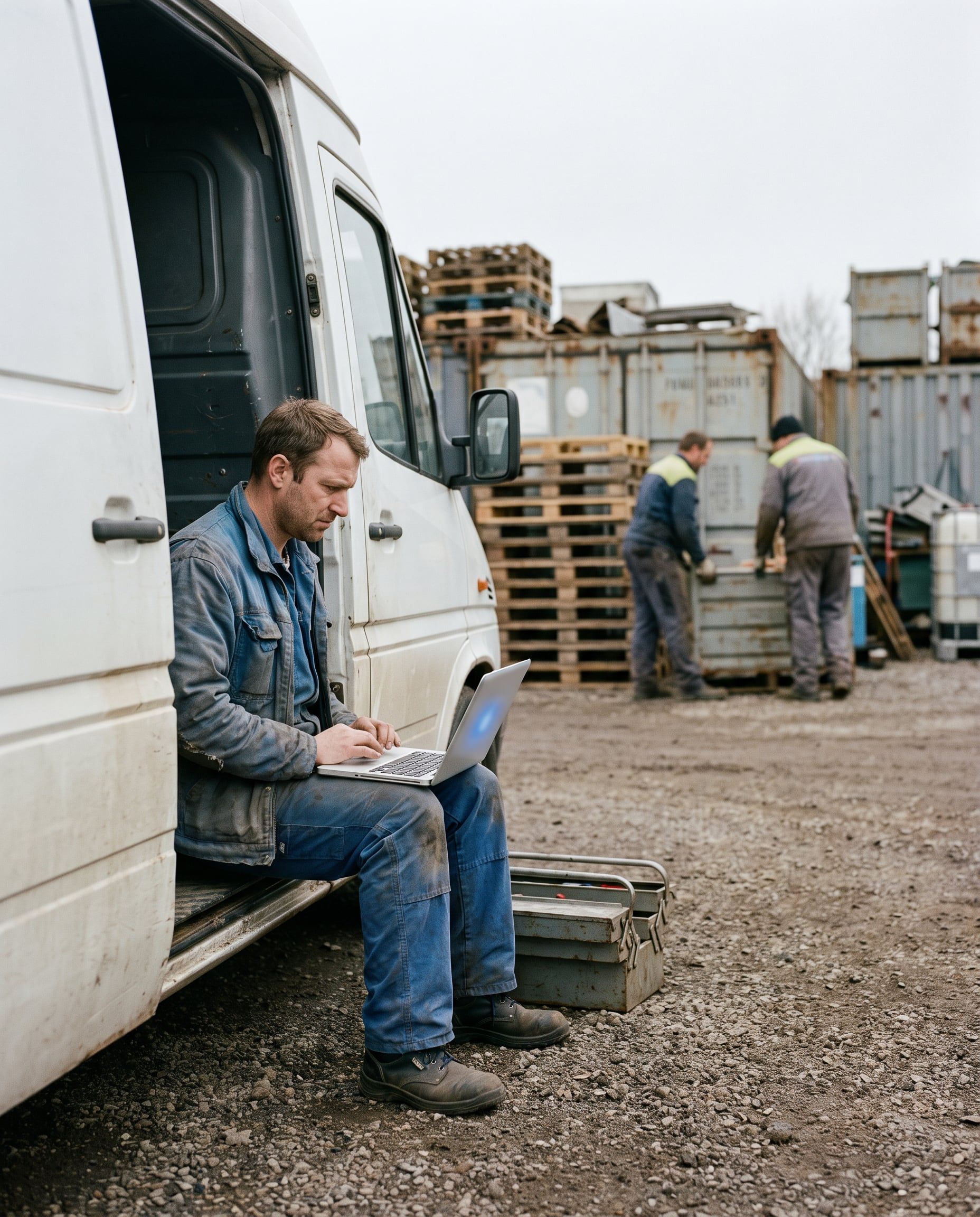 A field service technician checks his laptop in the side door of his van before a repair.
