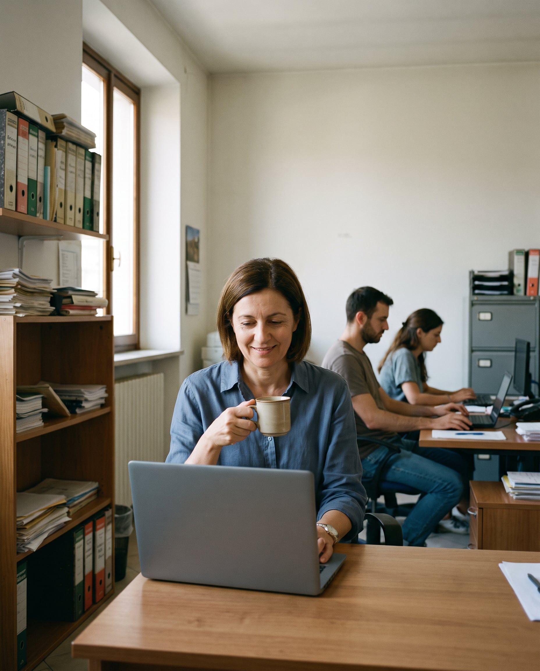 An operations manager reads a report on her laptop over coffee on a Monday morning.