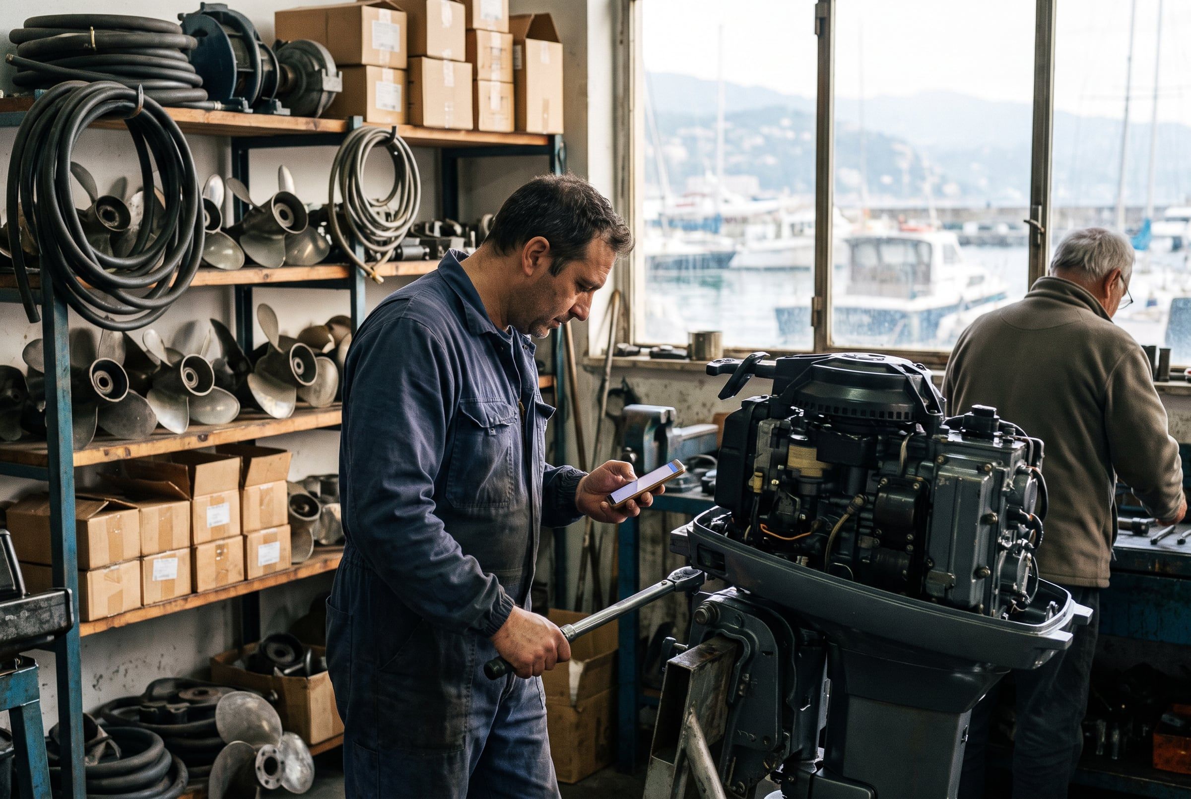 A mechanic checks a value on his phone before tightening a bolt on an outboard engine.