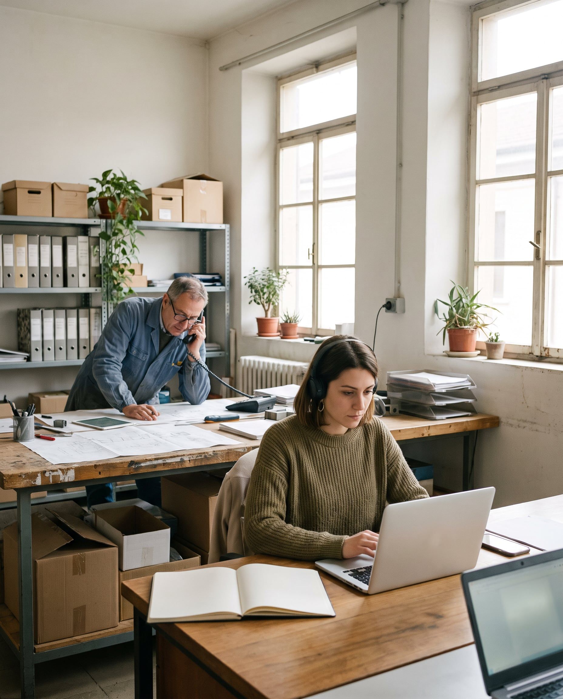 A new hire follows a lesson with headphones on her first day at work.