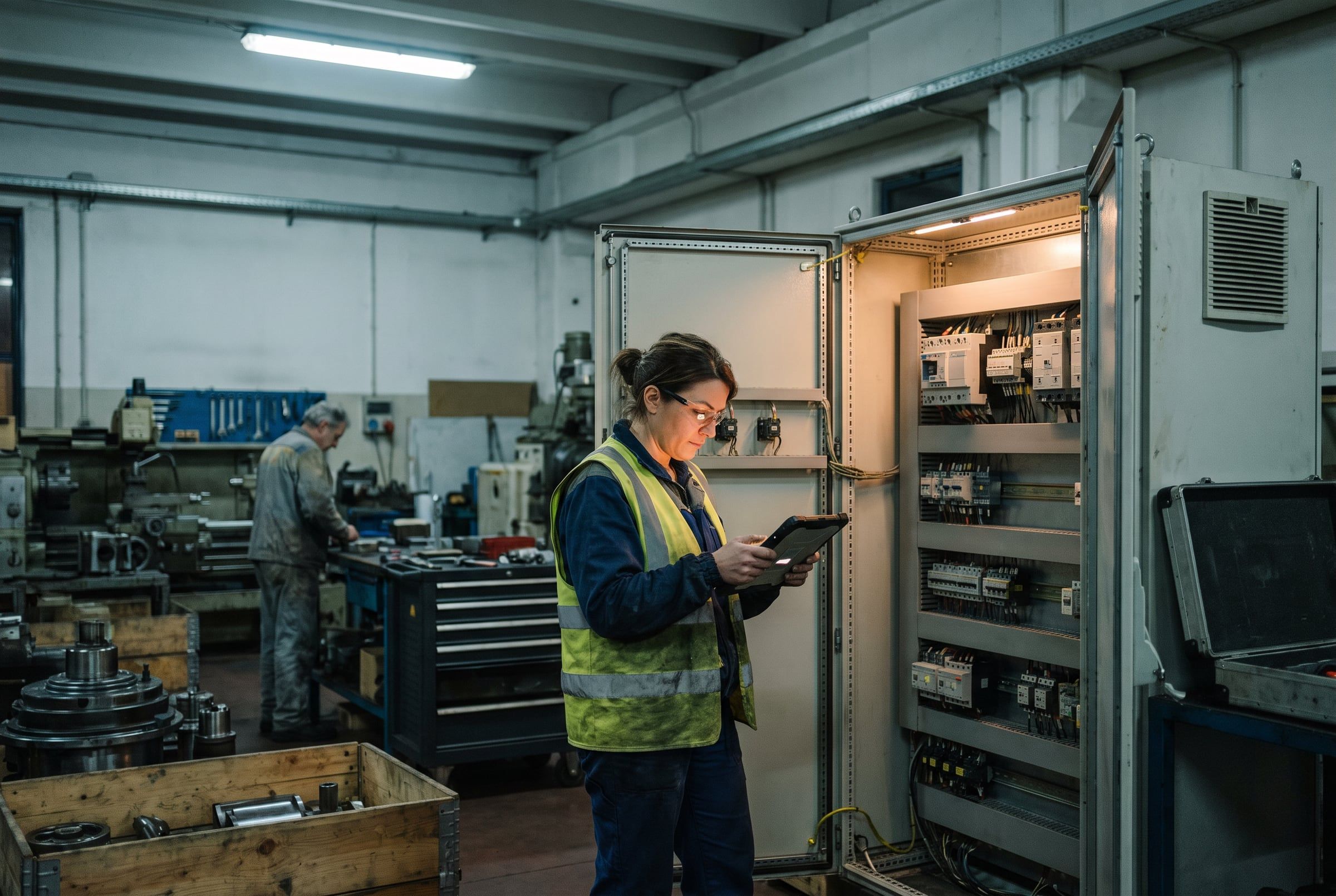 A maintenance technician checks the control panel of a stopped machine at night.