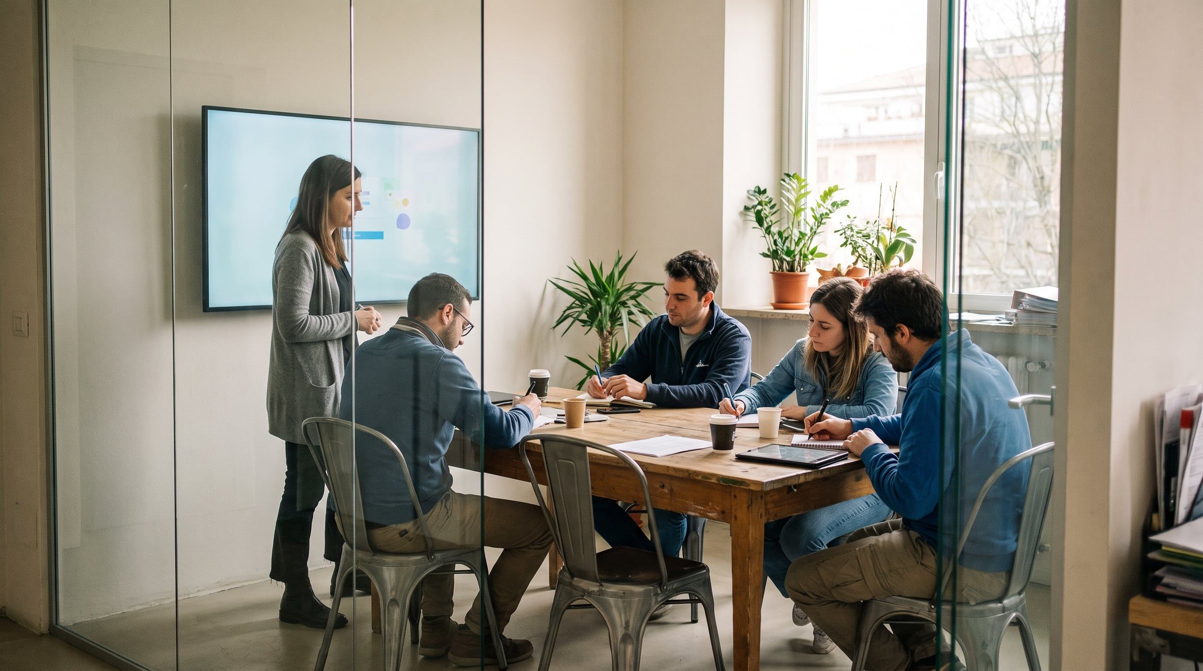 A small team in a meeting room watches a presentation on a screen.